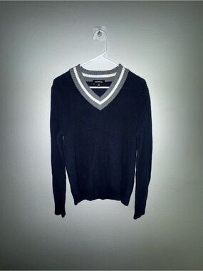 Express Navy V-Neck Sweater with Gray and White Striped Trim